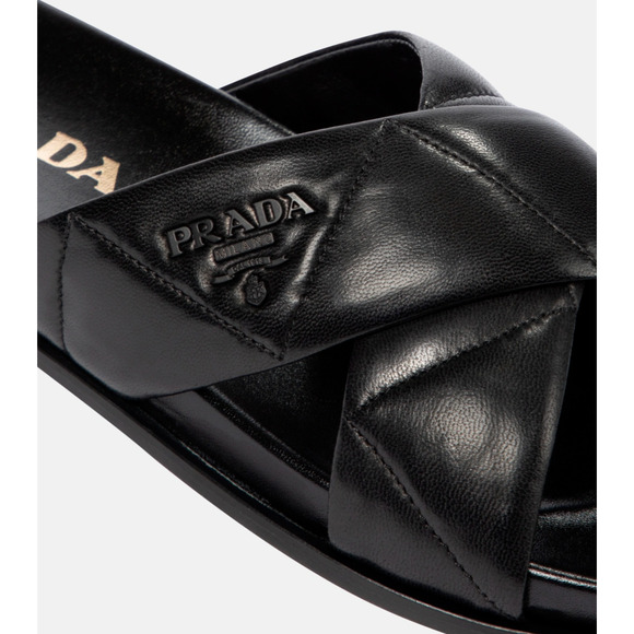 Prada Quilted Criss Cross Strap Black Leather Logo Slide Sandal Mule Flat 39.5 - Picture 10 of 12